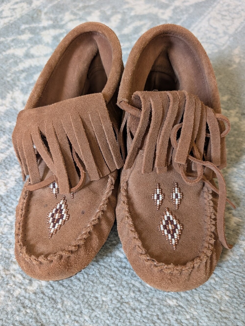 Women's Size 7 Brown Suede Fringe 4" Tall Moccasin Shoes